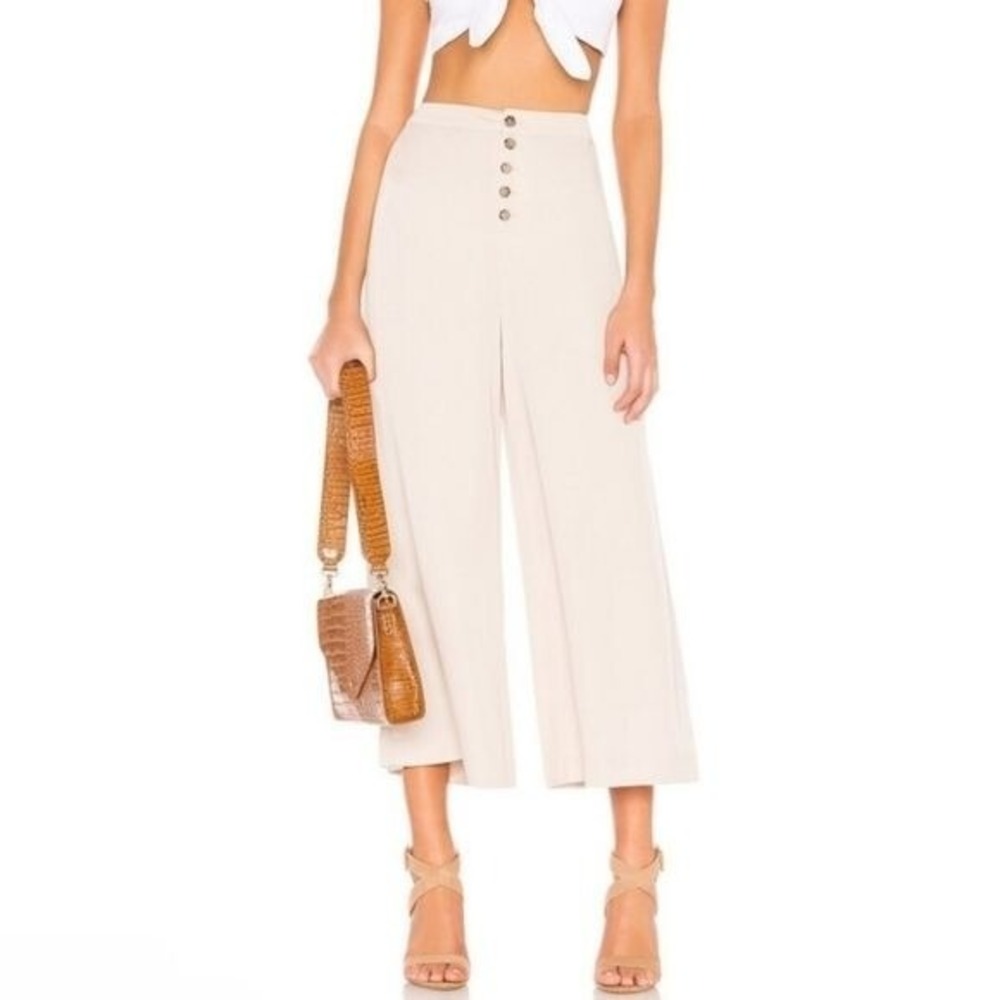 Simple Retro Cream High Waisted Button Front Wide Leg Culotte Pants Medium